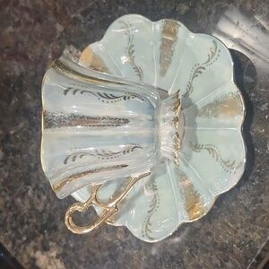 Vintage Iridescent Lustreware Blue Gold Cup & Saucer Hand Decorated Japan